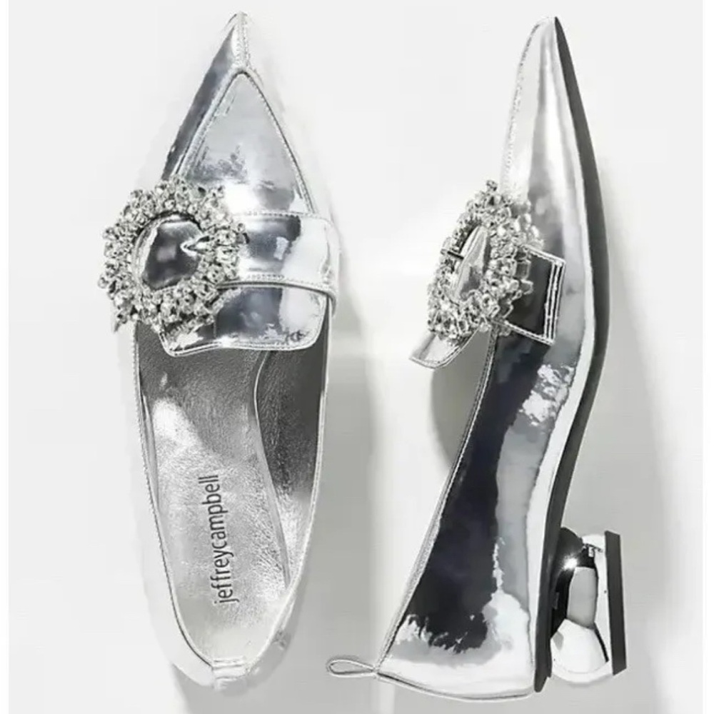 Anthropologie Jeffrey Campbell Viola Silver Leather Jewel Buckle Loafers 6.5